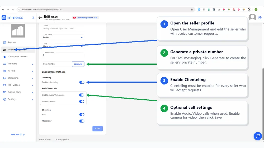 Enabling a seller in Immerss User Management