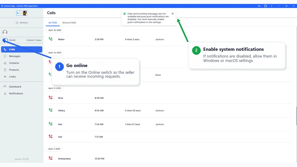 Set the Web App online and allow notifications