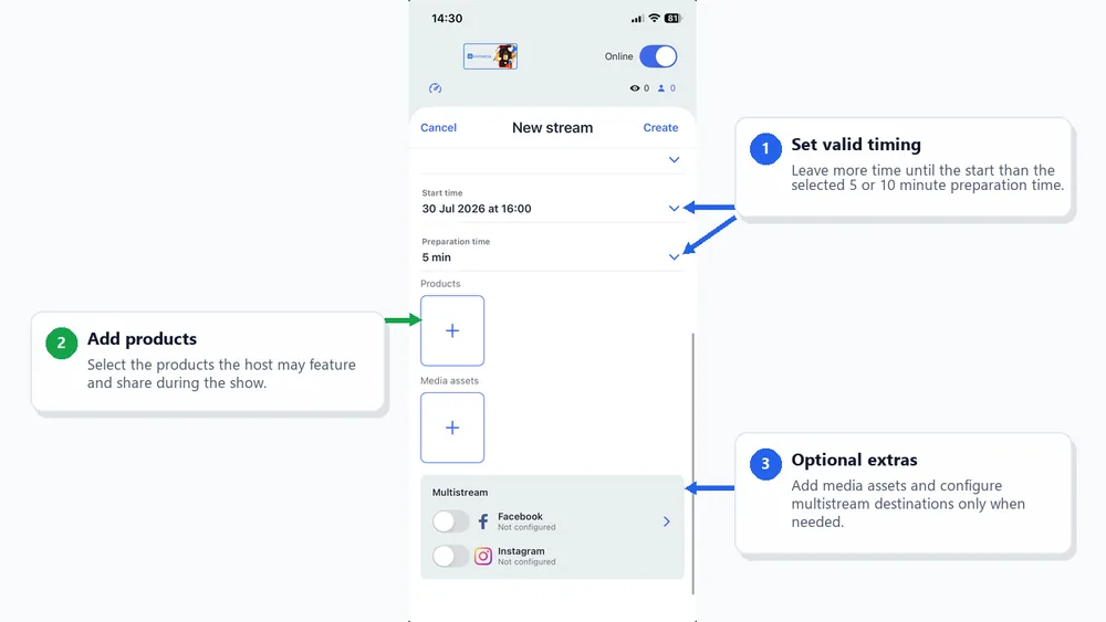 Schedule the show and add products