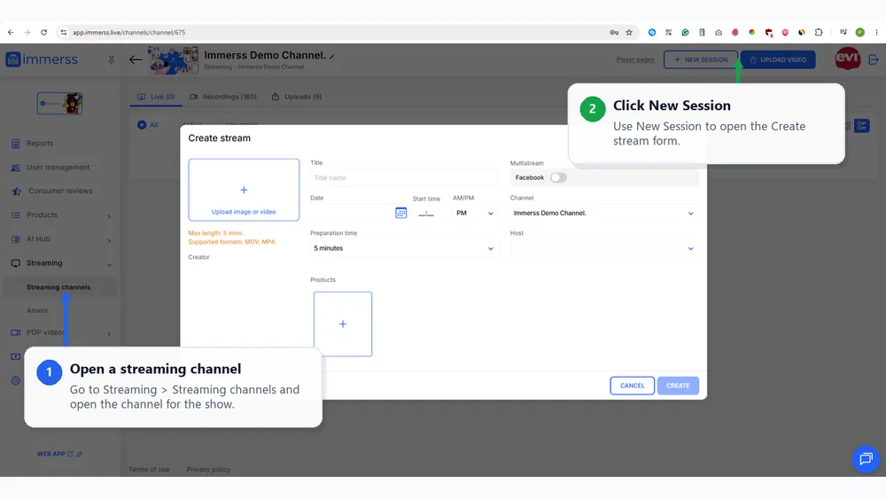 Creating a streaming session in the Immerss Back Office