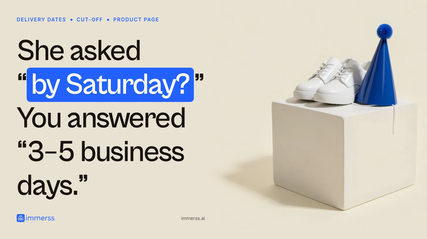 She asked by Saturday, you answered 3–5 business days. A pair of white shoes on a display cube beside a blue party hat