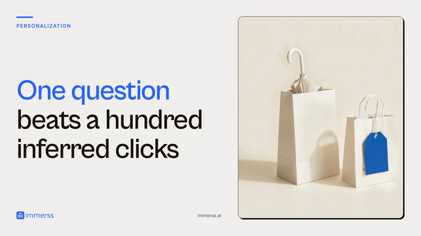 One question beats a hundred inferred clicks. Two paper shopping bags standing apart: a tall one with an umbrella handle showing, and a smaller one with a large blank tag tied to its handle