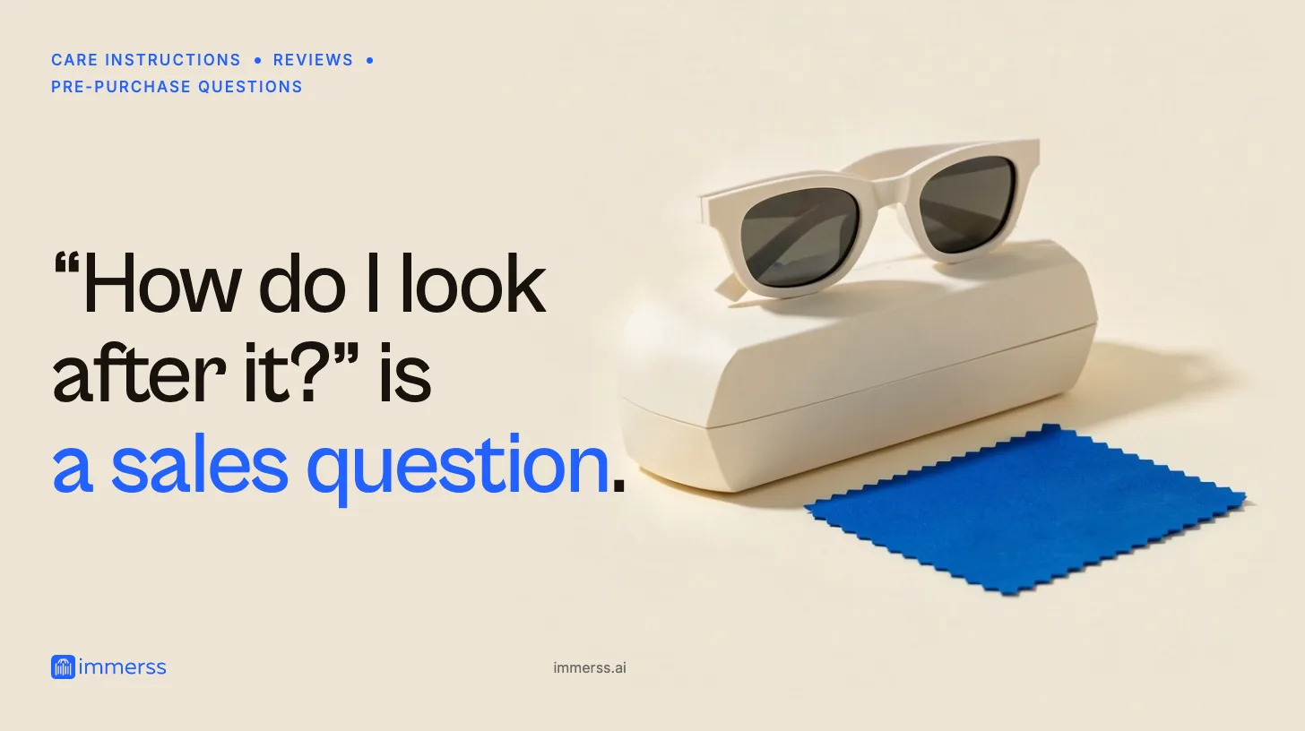 “How do I look after it?” is a sales question. A pair of sunglasses resting on its closed hard case with a folded lens cloth laid in front