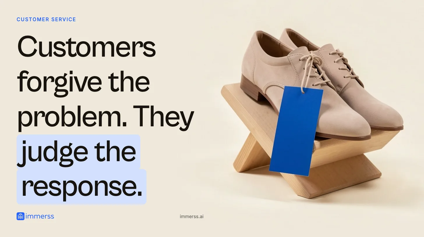 Customers forgive the problem. They judge the response. A pair of shoes set out on an angled display stand with a large blank tag tied to one of them: set aside for someone