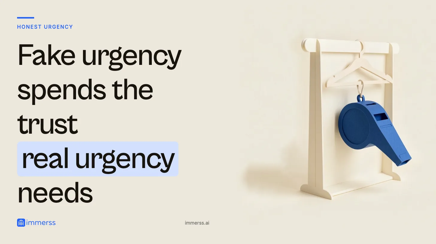 Fake urgency spends the trust real urgency needs. A short garment rail with one empty hanger, and a referee whistle hanging from the hanger by its cord